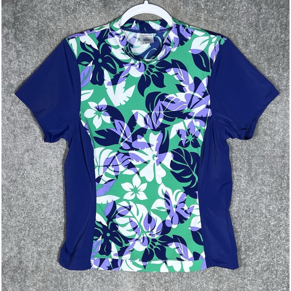 Lands End Rash Guard Swim Shirt Womens Size L 14-16 Blue Purple Floral Hawaiian